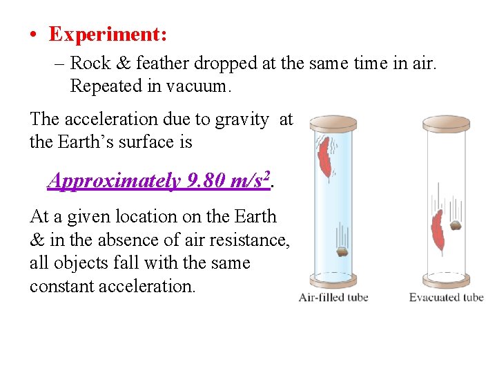  • Experiment: – Rock & feather dropped at the same time in air.