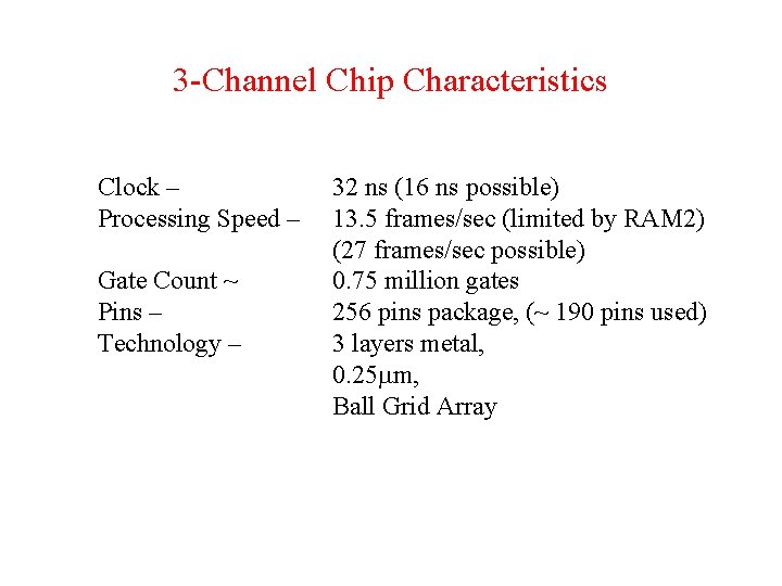 3 -Channel Chip Characteristics Clock – Processing Speed – Gate Count ~ Pins –
