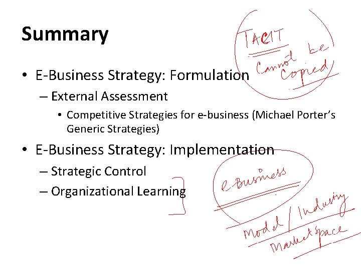Summary • E-Business Strategy: Formulation – External Assessment • Competitive Strategies for e-business (Michael