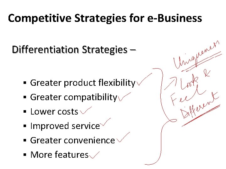 Competitive Strategies for e-Business Differentiation Strategies – § § § Greater product flexibility Greater