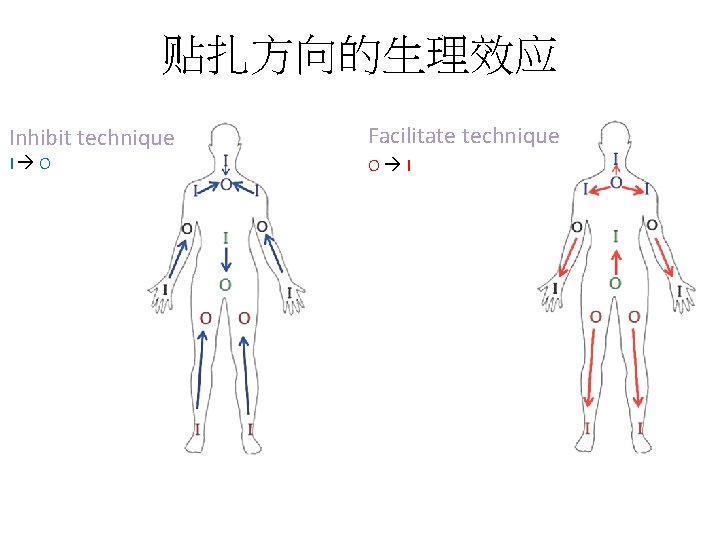 贴扎方向的生理效应 Inhibit technique I O Facilitate technique O I 