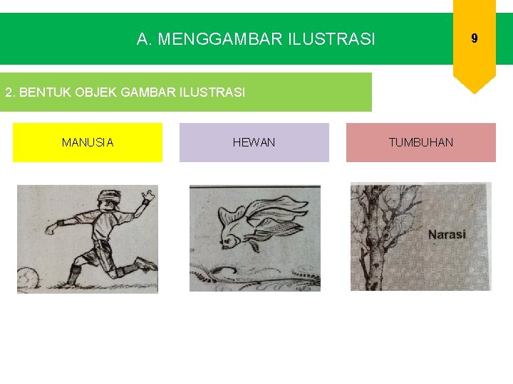 A. MENGGAMBAR ILUSTRASI 9 2. BENTUK OBJEK GAMBAR ILUSTRASI MANUSIA HEWAN TUMBUHAN 