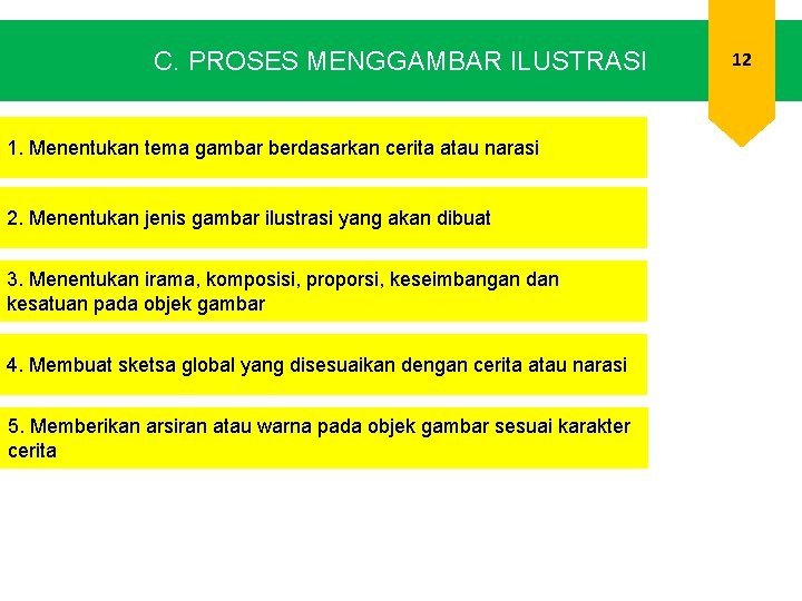 C. PROSES MENGGAMBAR ILUSTRASI 1. Menentukan tema gambar berdasarkan cerita atau narasi 2. Menentukan