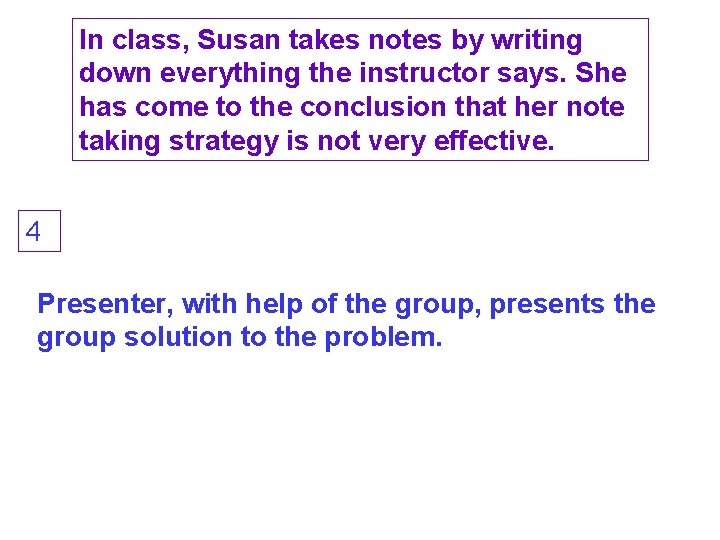 In class, Susan takes notes by writing down everything the instructor says. She has
