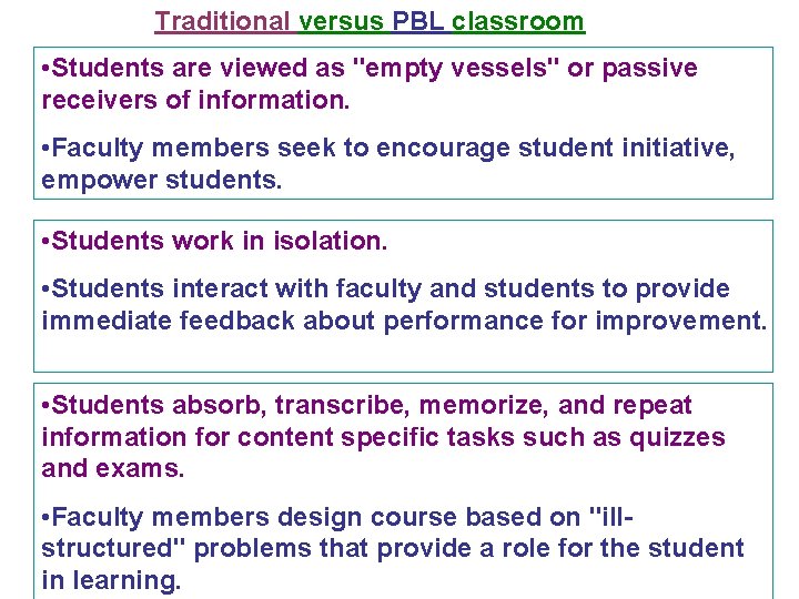 Traditional versus PBL classroom • Students are viewed as "empty vessels" or passive receivers