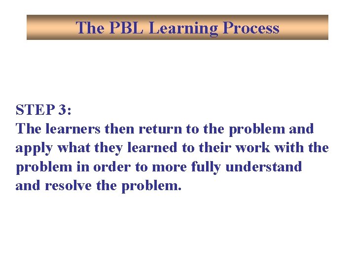 The PBL Learning Process STEP 3: The learners then return to the problem and