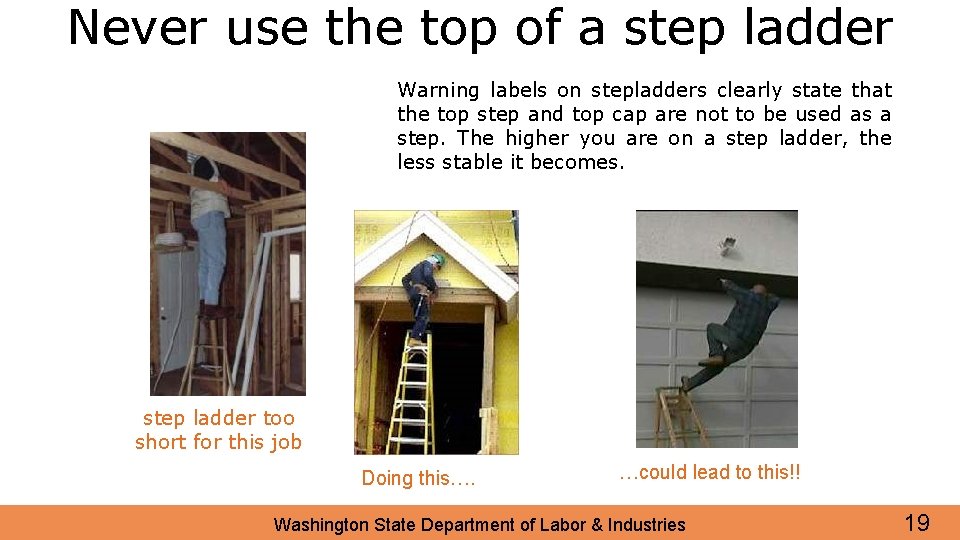 Never use the top of a step ladder Warning labels on stepladders clearly state