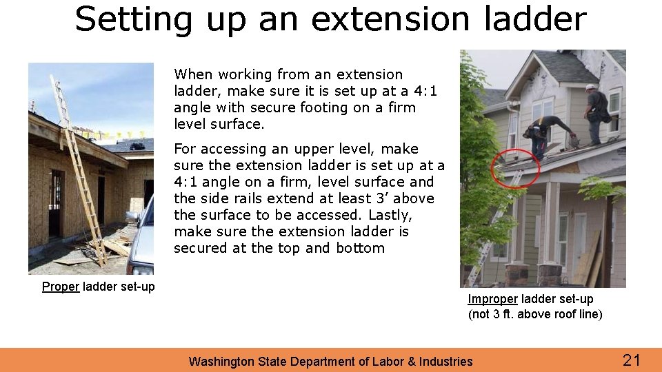 Setting up an extension ladder When working from an extension ladder, make sure it