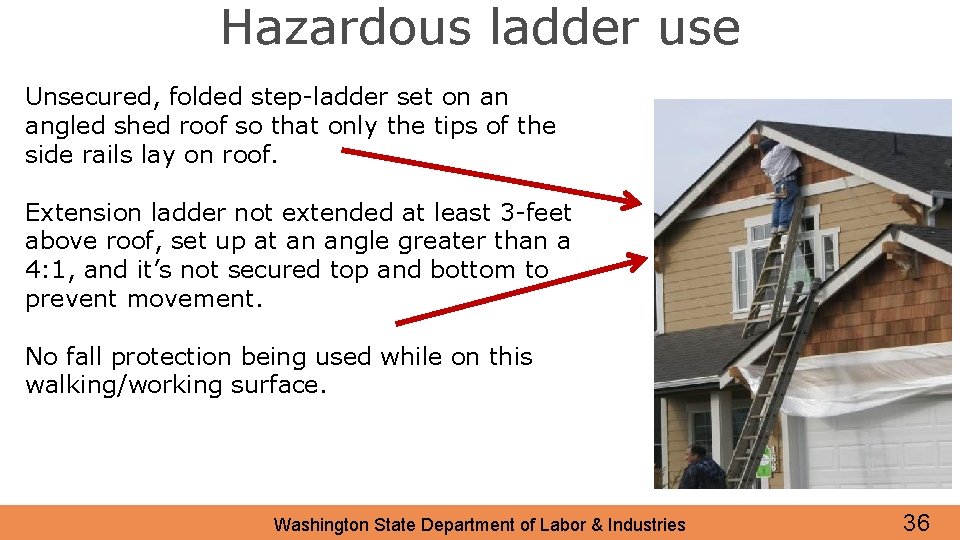 Hazardous ladder use Unsecured, folded step-ladder set on an angled shed roof so that