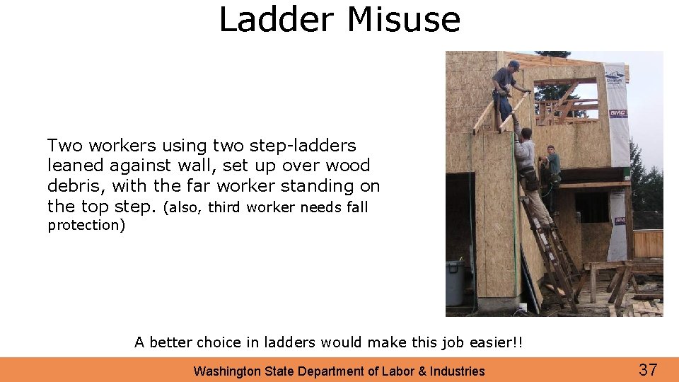 Ladder Misuse Two workers using two step-ladders leaned against wall, set up over wood
