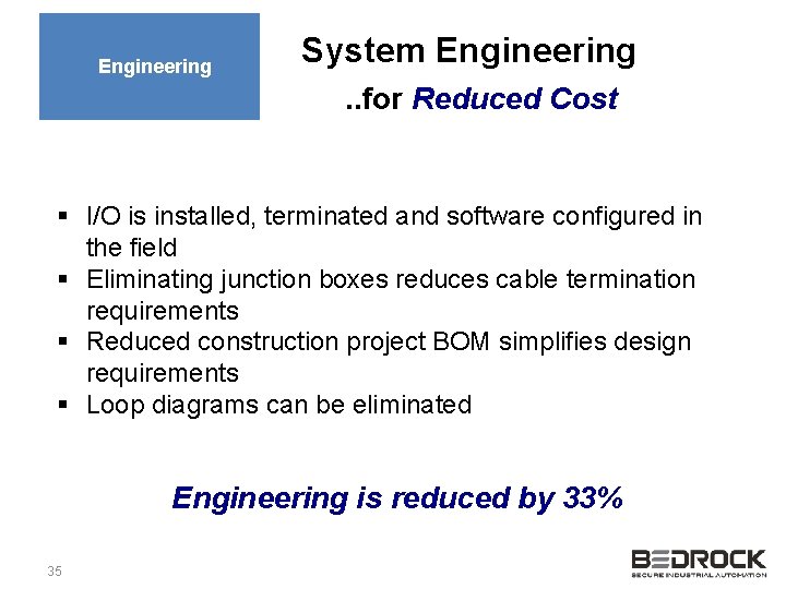 Engineering System Engineering. . for Reduced Cost § I/O is installed, terminated and software