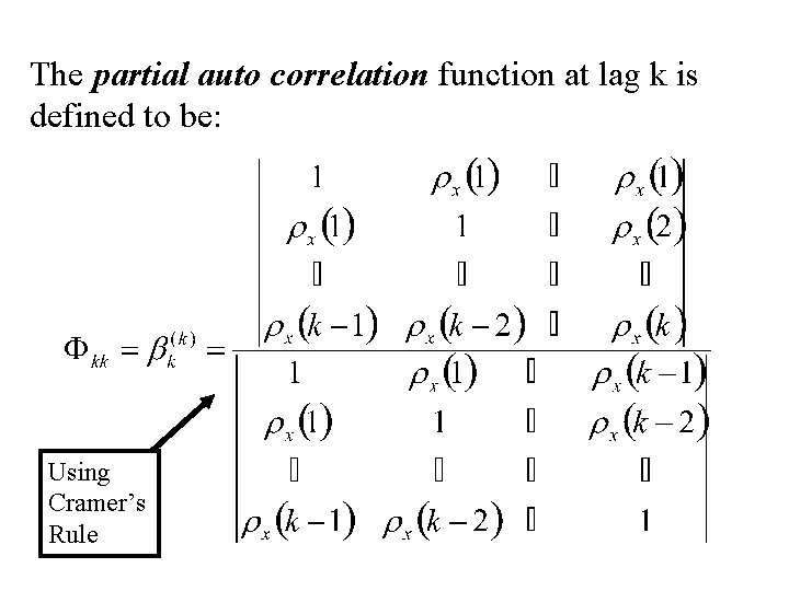 The partial auto correlation function at lag k is defined to be: Using Cramer’s