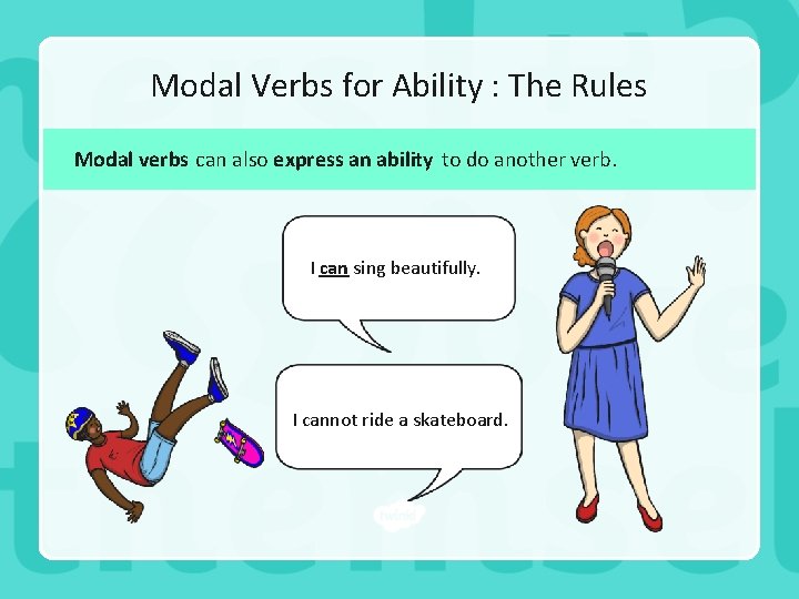 Modal Verbs for Ability : The Rules Modal verbs can also express an ability