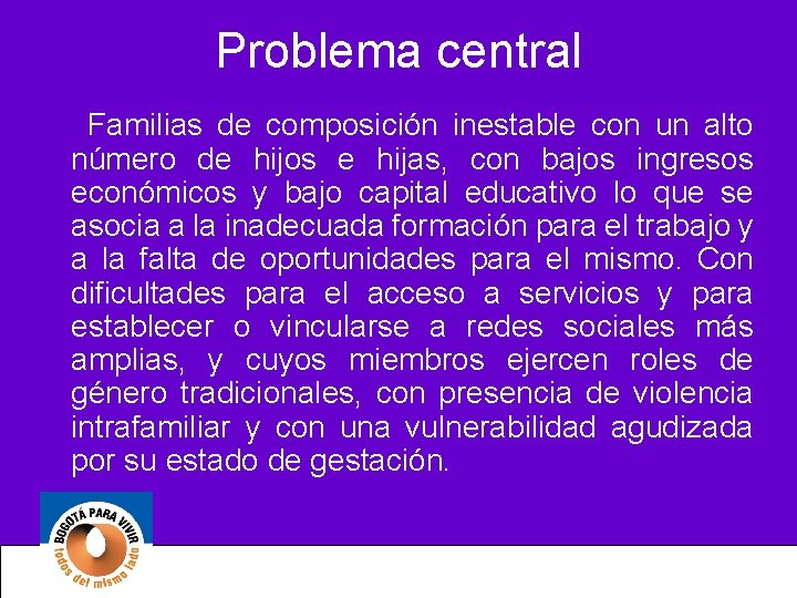 Problema central Familias de composición inestable con un alto número de hijos e hijas,