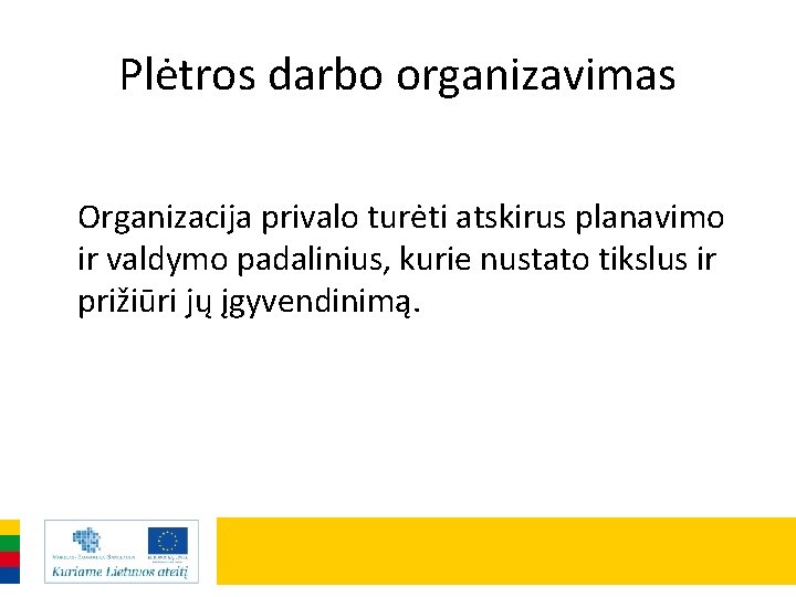 Plėtros darbo organizavimas Organizacija privalo turėti atskirus planavimo ir valdymo padalinius, kurie nustato tikslus
