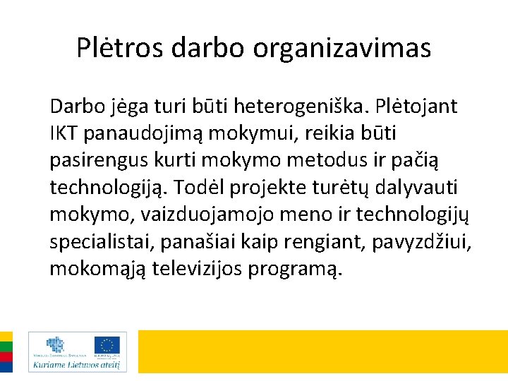 Plėtros darbo organizavimas Darbo jėga turi būti heterogeniška. Plėtojant IKT panaudojimą mokymui, reikia būti