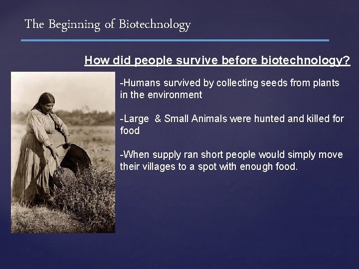 The Beginning of Biotechnology How did people survive before biotechnology? -Humans survived by collecting