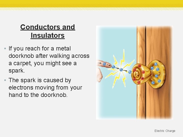 Conductors and Insulators • If you reach for a metal doorknob after walking across Conductors and Insulators • If you reach for a metal doorknob after walking across