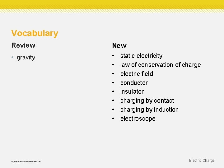 Vocabulary Review New • gravity • • Copyright © Mc. Graw-Hill Education static electricity Vocabulary Review New • gravity • • Copyright © Mc. Graw-Hill Education static electricity