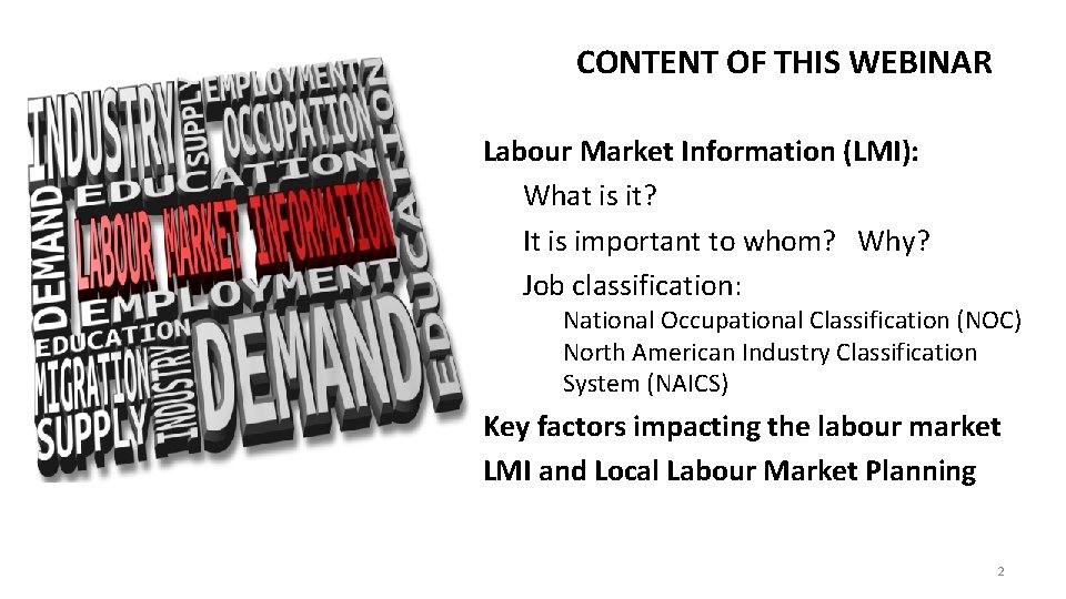 CONTENT OF THIS WEBINAR Labour Market Information (LMI): What is it? It is important