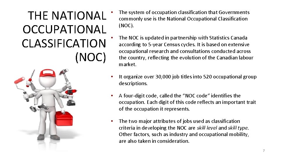 THE NATIONAL OCCUPATIONAL CLASSIFICATION (NOC) • The system of occupation classification that Governments commonly