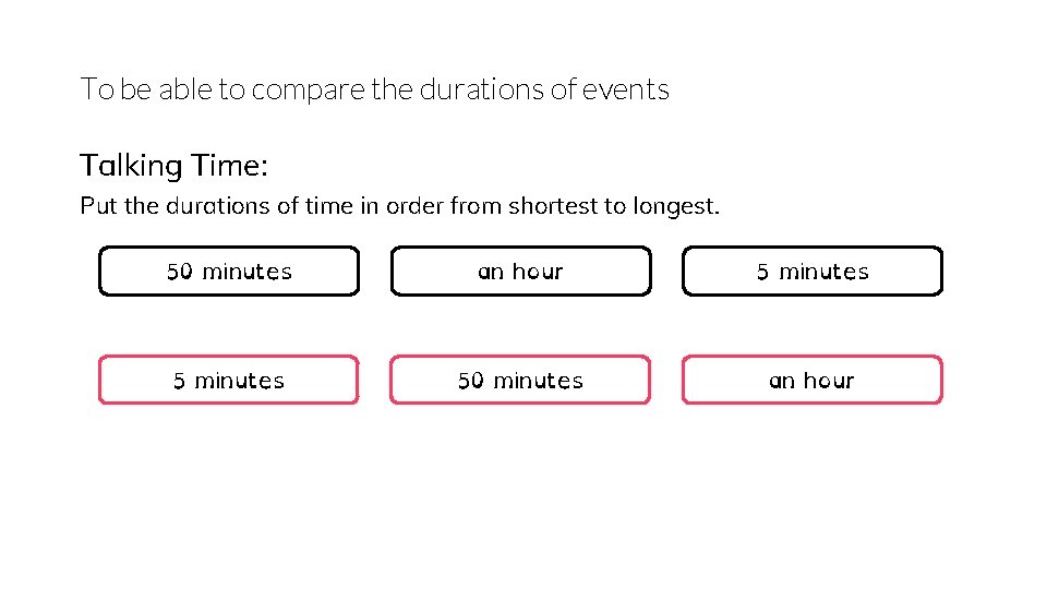 To be able to compare the durations of events Talking Time: Put the durations