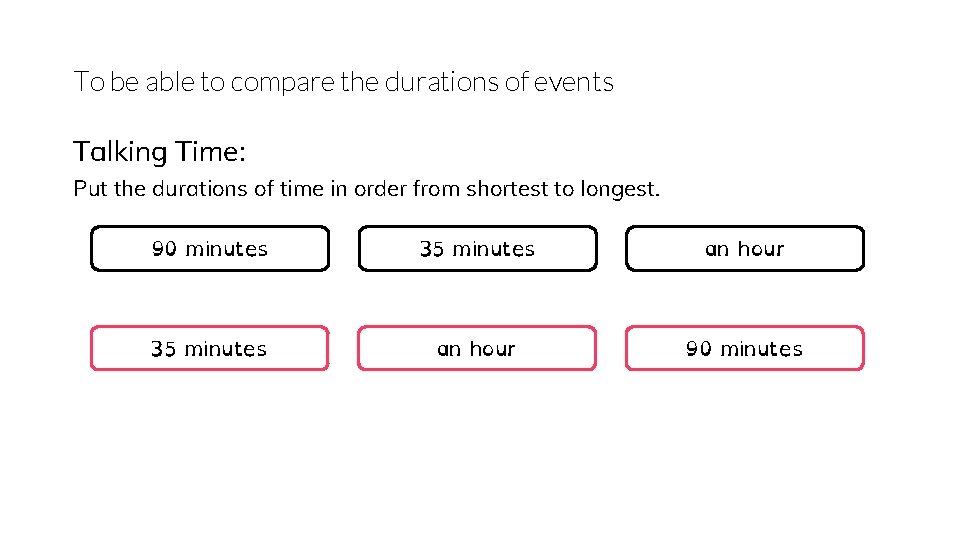To be able to compare the durations of events Talking Time: Put the durations