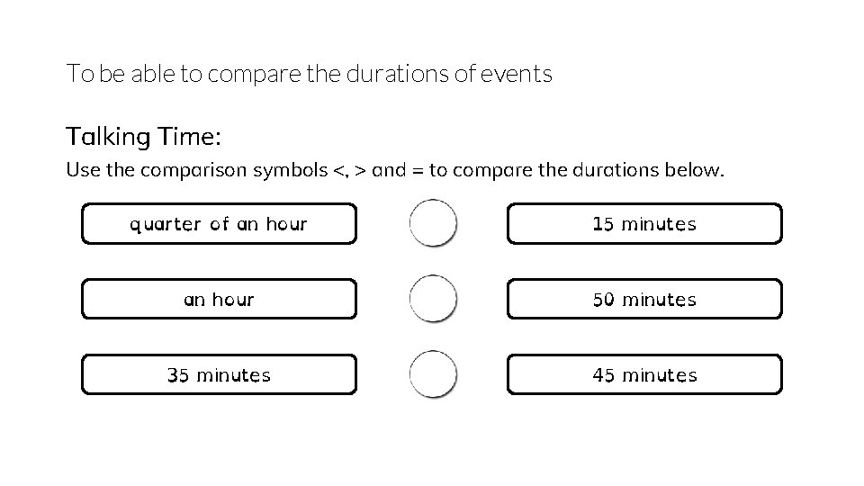 To be able to compare the durations of events Talking Time: Use the comparison