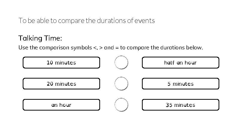 To be able to compare the durations of events Talking Time: Use the comparison