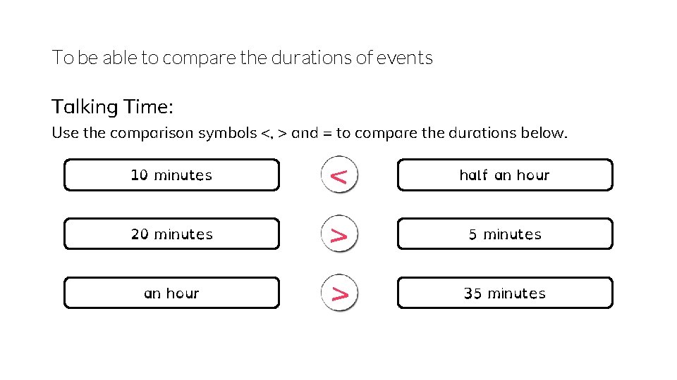 To be able to compare the durations of events Talking Time: Use the comparison