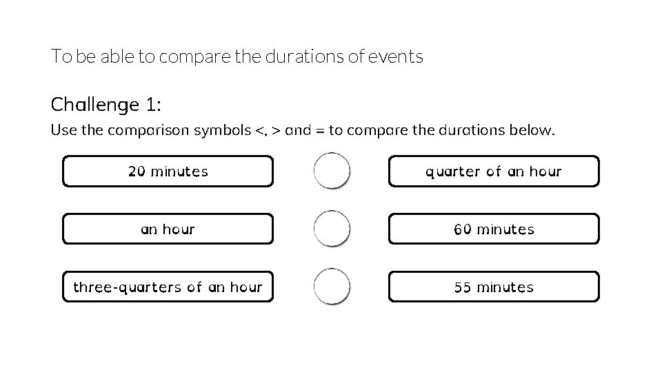 To be able to compare the durations of events Challenge 1: Use the comparison