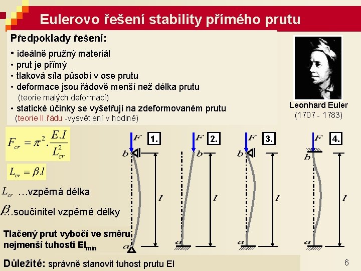 Eulerovo řešení stability přímého prutu Předpoklady řešení: • ideálně pružný materiál • prut je