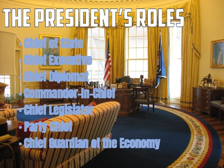  • Chief of State • Chief Executive • Chief Diplomat • Commander-In-Chief •