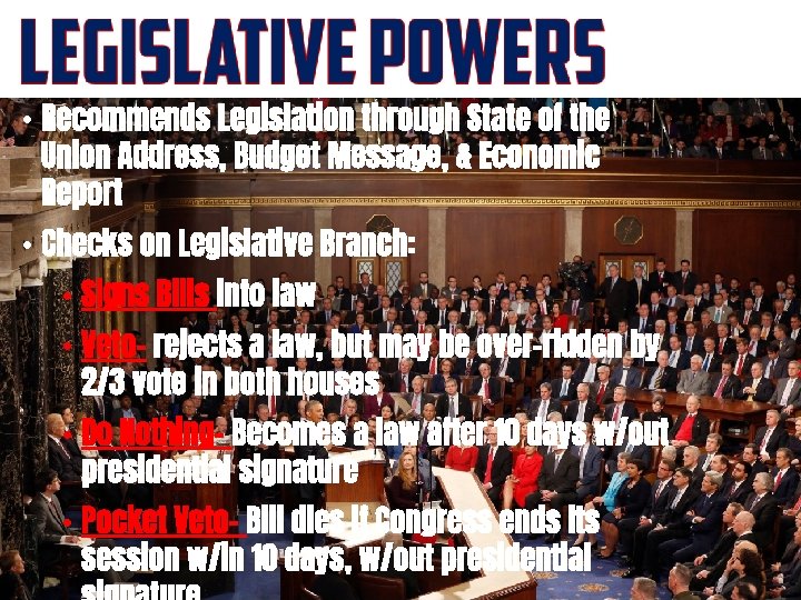  • Recommends Legislation through State of the Union Address, Budget Message, & Economic