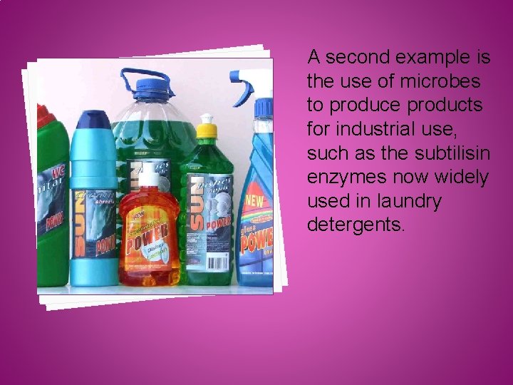 A second example is the use of microbes to produce products for industrial use,