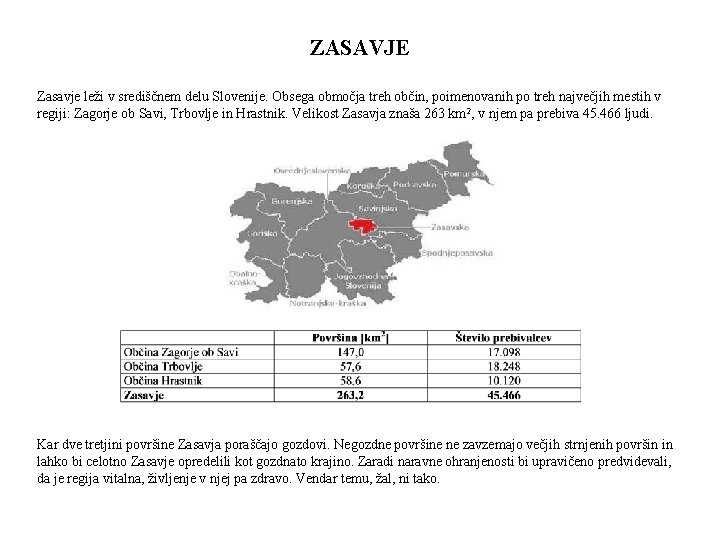 ZASAVJE Zasavje leži v središčnem delu Slovenije. Obsega območja treh občin, poimenovanih po treh