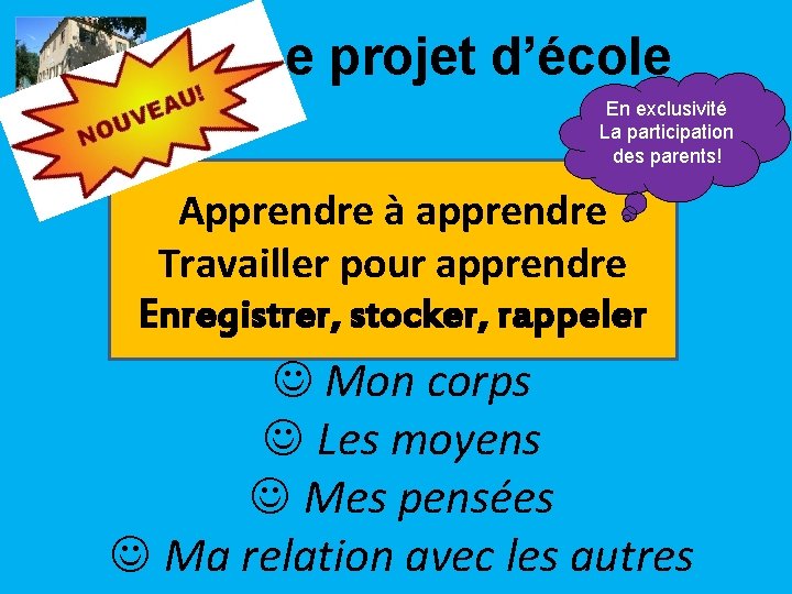 Le projet d’école En exclusivité La participation des parents! Apprendre à apprendre Travailler pour