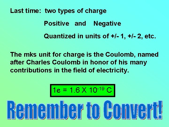 Last time: two types of charge Positive and Negative Quantized in units of +/-