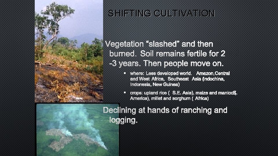 SHIFTING CULTIVATION VEGETATION “SLASHED” AND THEN BURNED. SOIL REMAINS FERTILE FOR 2 -3 YEARS.