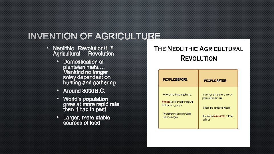 INVENTION OF AGRICULTURE • NEOLITHIC REVOLUTION/1 ST AGRICULTURAL REVOLUTION • DOMESTICATION OF PLANTS/ANIMALS…. MANKIND