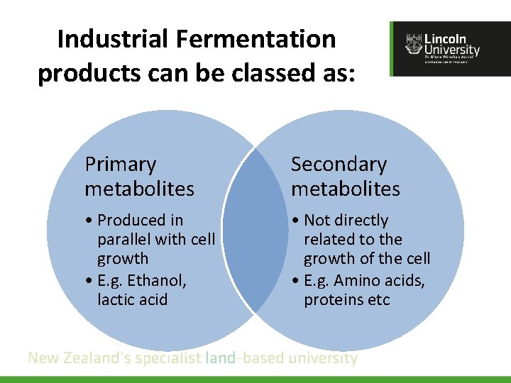 Industrial Fermentation products can be classed as: Primary metabolites Secondary metabolites • Produced in