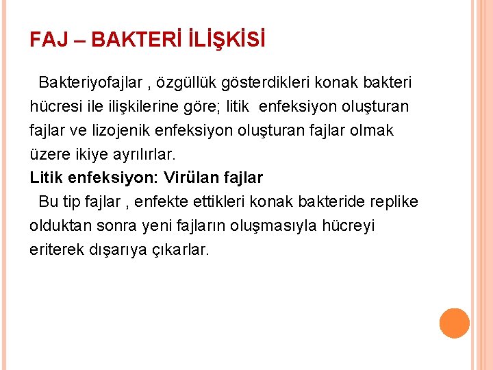 FAJ – BAKTERİ İLİŞKİSİ Bakteriyofajlar , özgüllük gösterdikleri konak bakteri hücresi ile ilişkilerine göre;