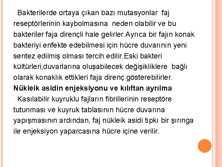 Bakterilerde ortaya çıkan bazı mutasyonlar faj reseptörlerinin kaybolmasına neden olabilir ve bu bakteriler faja