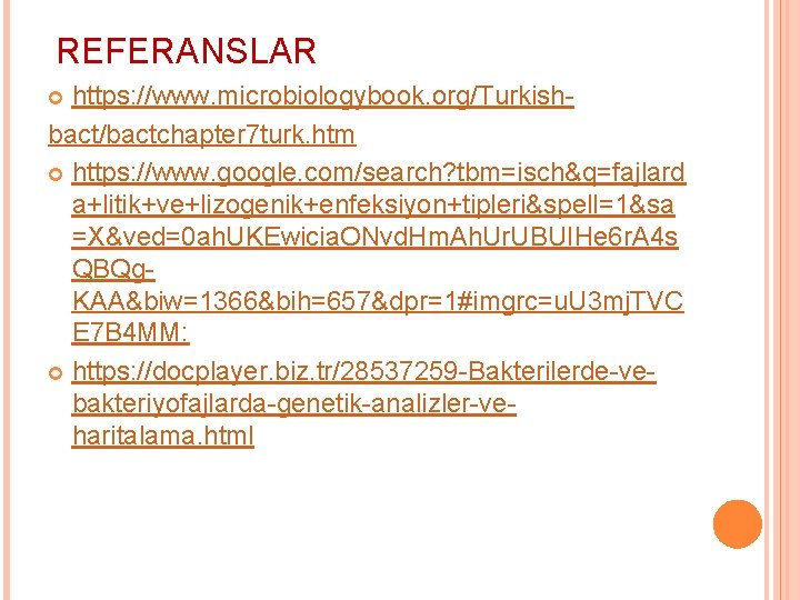 REFERANSLAR https: //www. microbiologybook. org/Turkishbact/bactchapter 7 turk. htm https: //www. google. com/search? tbm=isch&q=fajlard a+litik+ve+lizogenik+enfeksiyon+tipleri&spell=1&sa