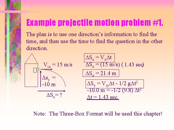 Example projectile motion problem #1. The plan is to use one direction’s information to