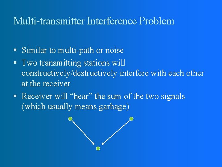 Multi-transmitter Interference Problem Similar to multi-path or noise Two transmitting stations will constructively/destructively interfere Multi-transmitter Interference Problem Similar to multi-path or noise Two transmitting stations will constructively/destructively interfere