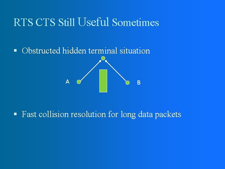 RTS CTS Still Useful Sometimes Obstructed hidden terminal situation A B Fast collision resolution RTS CTS Still Useful Sometimes Obstructed hidden terminal situation A B Fast collision resolution