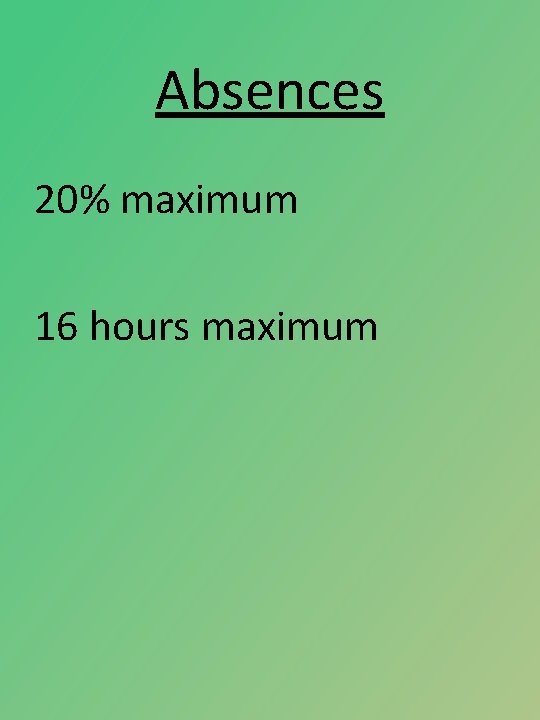 Absences 20% maximum 16 hours maximum 