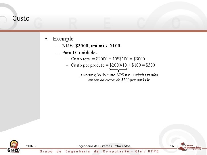 Custo • Exemplo – NRE=$2000, unitário=$100 – Para 10 unidades – Custo total =