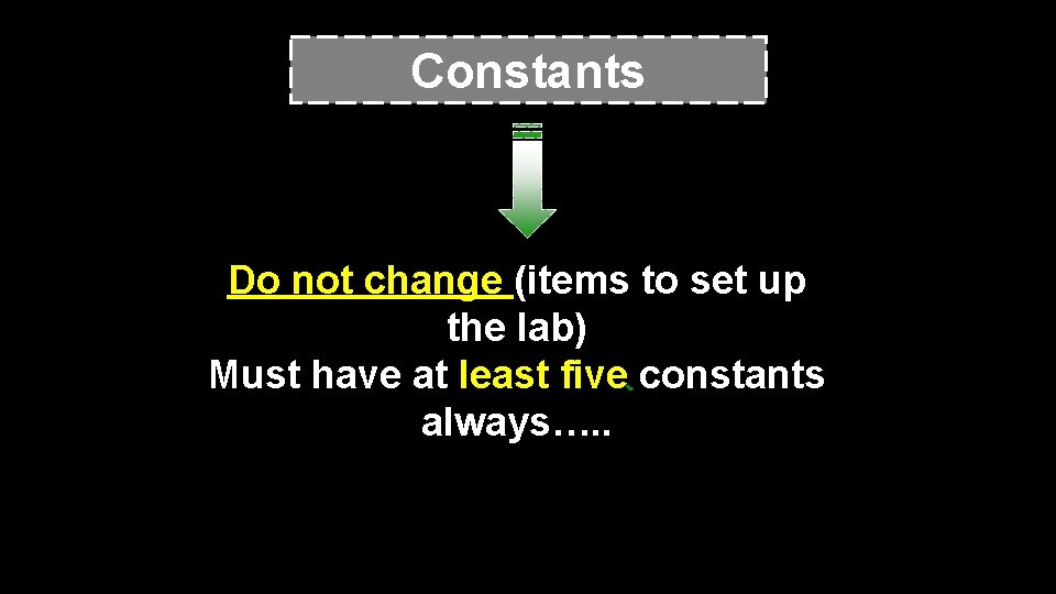 Constants Do not change (items to set up the lab) Must have at least